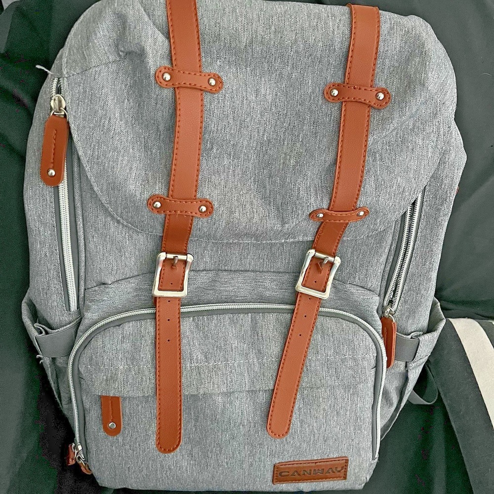 Canway Diaper Bag Backpack Gray Brown Leather Trim Travel Baby Bag‎ Large Multi